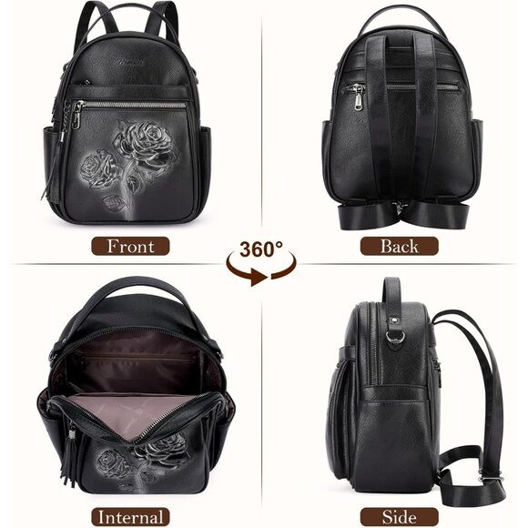 Adorable Black Floral Mini Backpack Purse - Stylish Vegan Leather Travel Bag